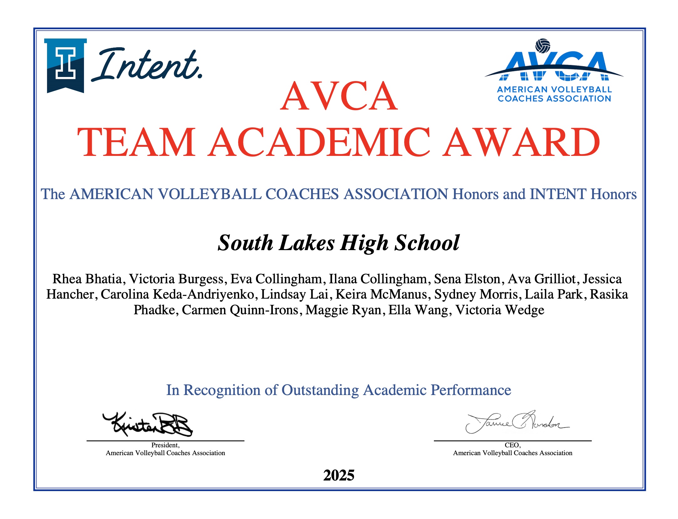 South Lakes Volleyball Earns 2024 AVCA Team Academic Award